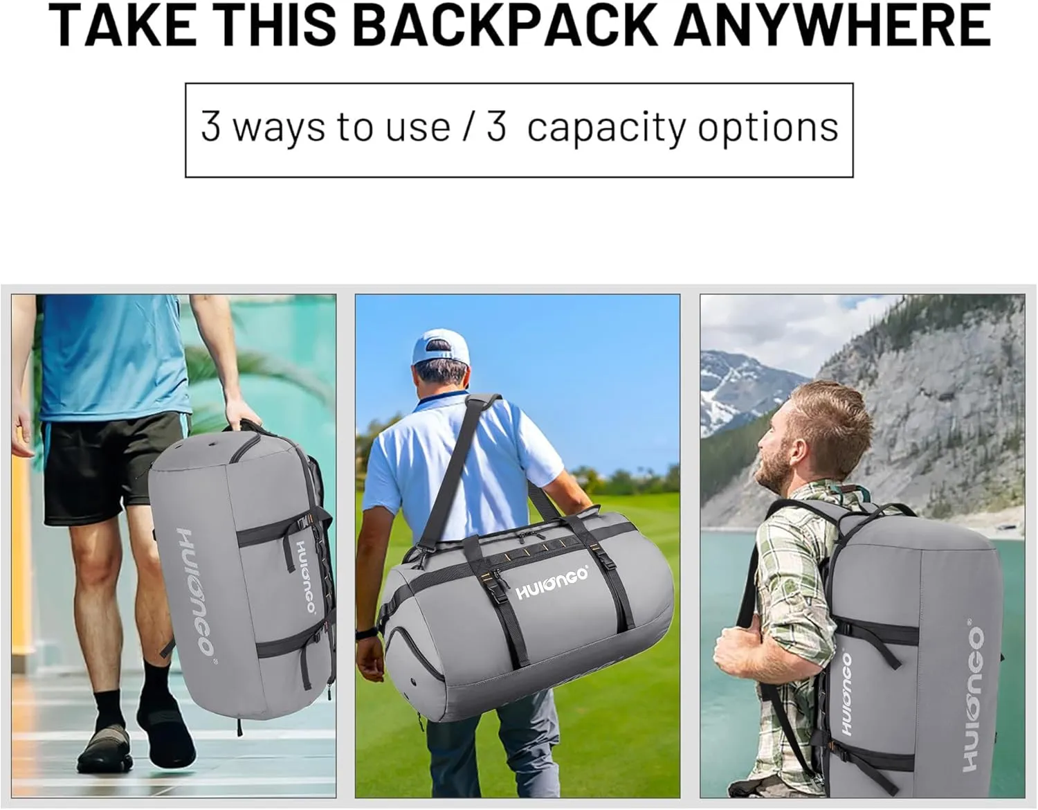 40L/60L/90L Large Waterproof Duffle Bag Backpack for Men, Mens Duffel Backpack Bags for Traveling, Heavy Duty (Grey, 40L)