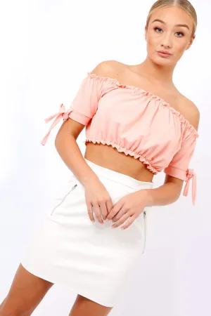 Coral Ruched Bardot Gypsy Crop Top - Janette