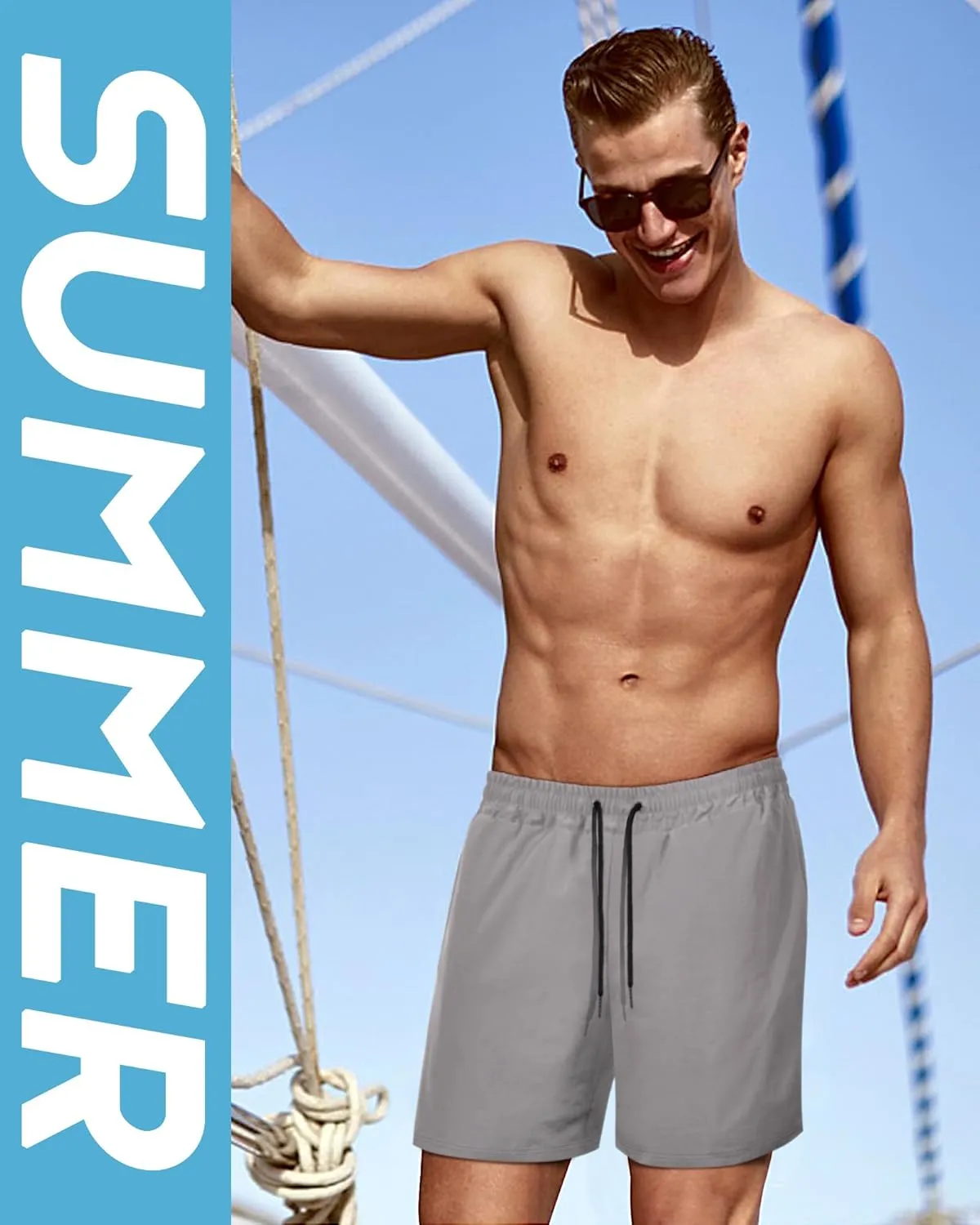 Fasker Mens Swim Trunks with Compression Liner 7" Inseam Quick Dry Bathing Suit Beach Shorts Swimming Trunks with Pockets