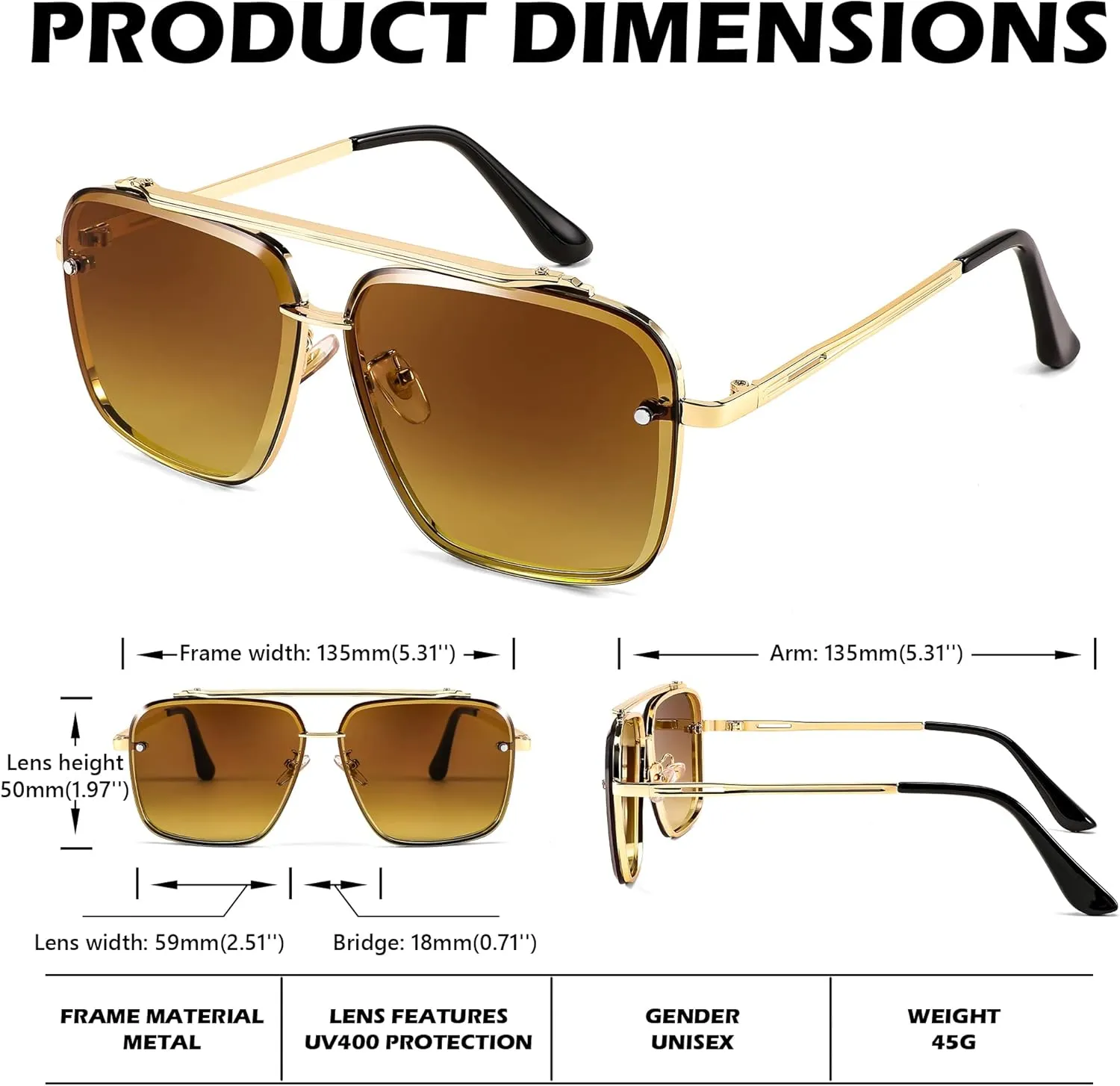 FEISEDY Sunglasses, Fashion Square Pilot Sunglasses, Vintage Metal Gradient Glasses for Men and Women, B4104