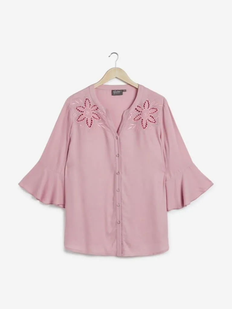 Gia Curves Pink Floral Embroidered Top