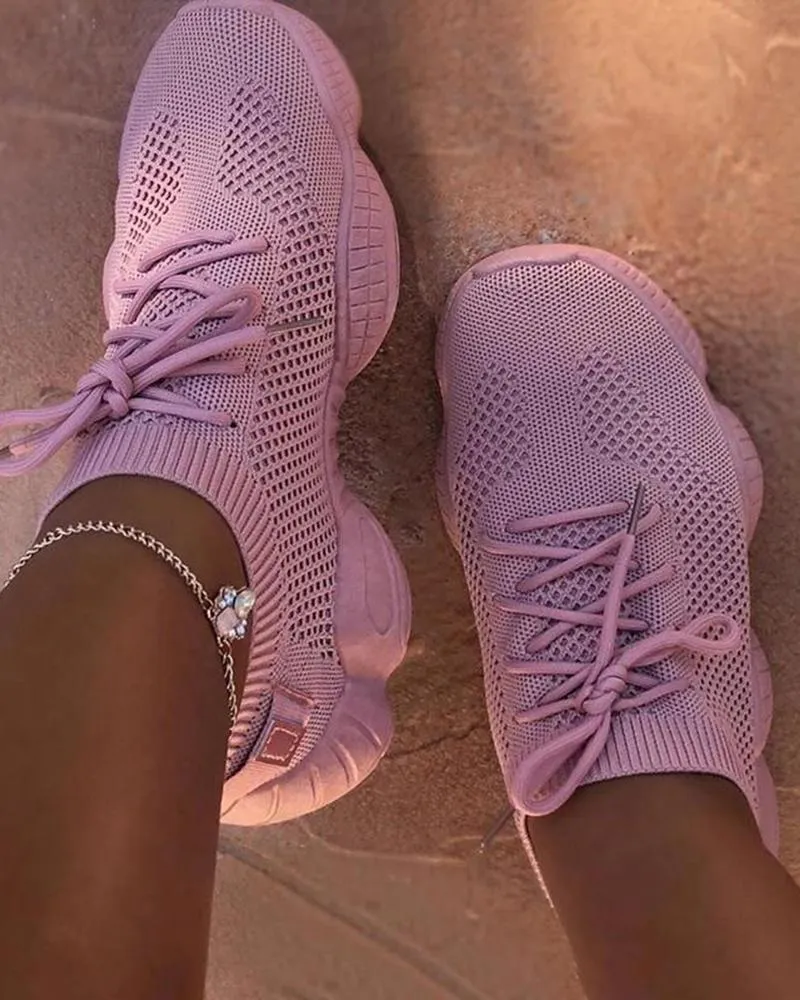 Kimemoda Breathable Solid Color Elastic Cuff Lace-up Comfortable Sneakers