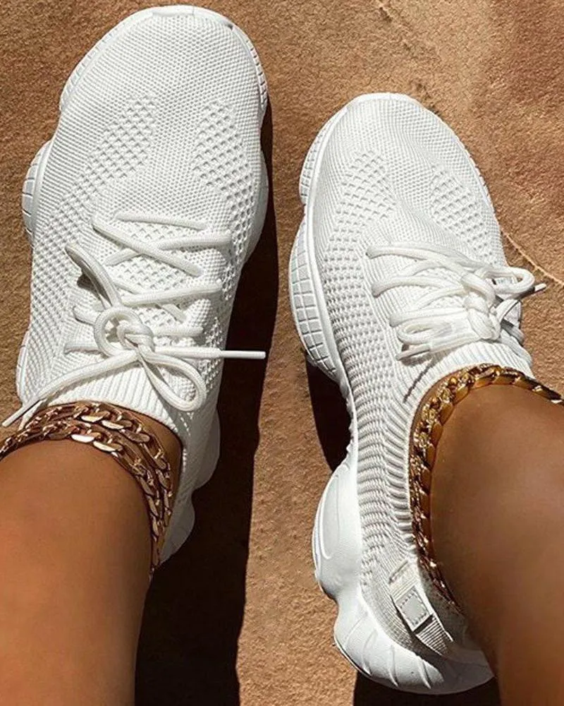 Kimemoda Breathable Solid Color Elastic Cuff Lace-up Comfortable Sneakers