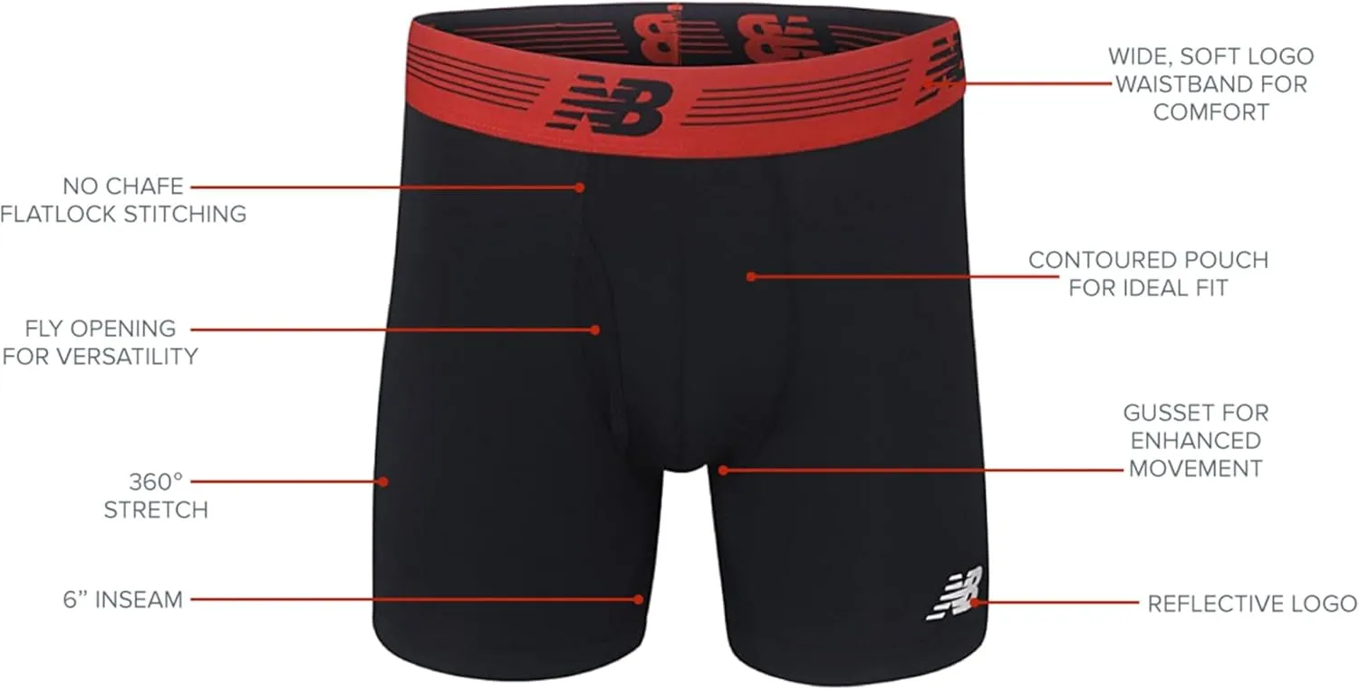 New Balance Men's Performance Boxer Briefs with Fly, Breathable Stretch Underwear, Moisture Wicking, Soft Waistband (3 Pack)
