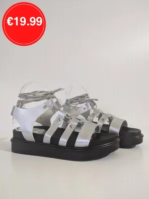 Silver Lace Up Chunky Platform Gladiator Sandals