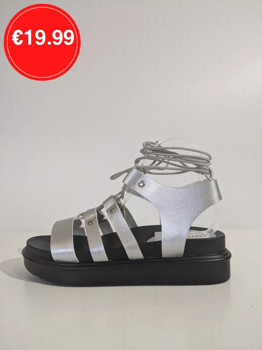 Silver Lace Up Chunky Platform Gladiator Sandals
