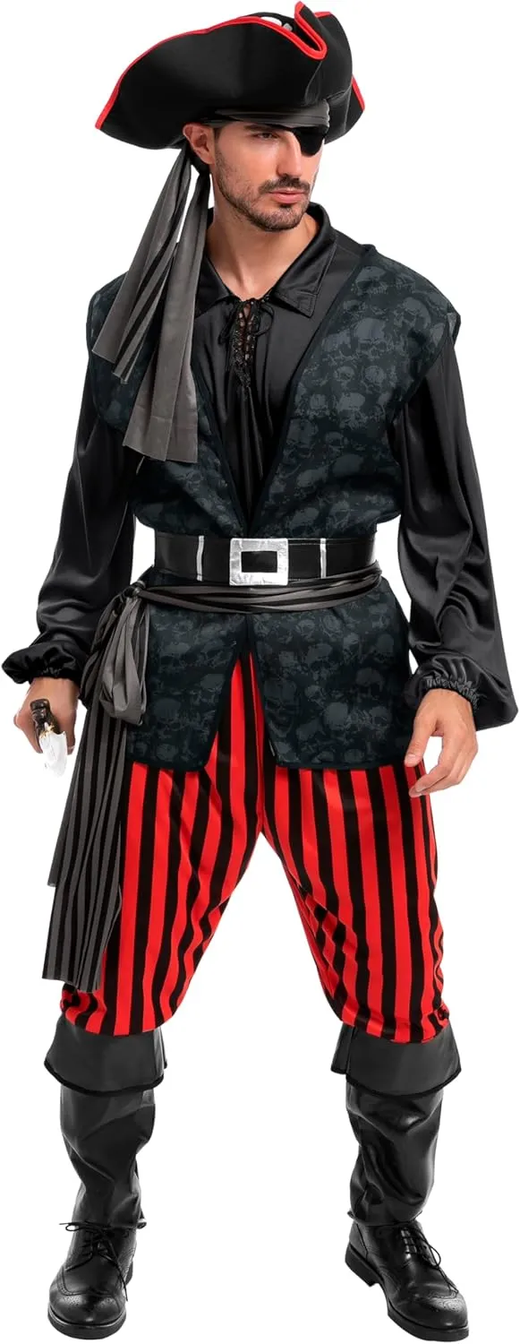 Spooktacular Creations Men Pirate Costume, Adult Pirate Shirt Vest Viking Pants Hat Set for Halloween Themed Parties