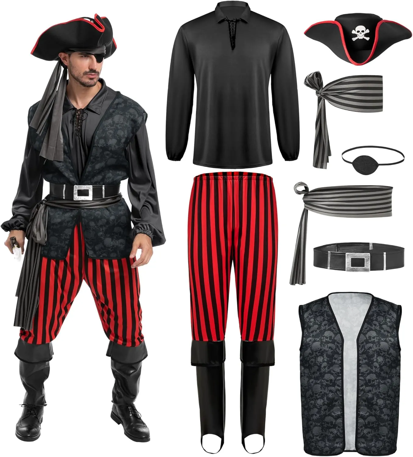 Spooktacular Creations Men Pirate Costume, Adult Pirate Shirt Vest Viking Pants Hat Set for Halloween Themed Parties