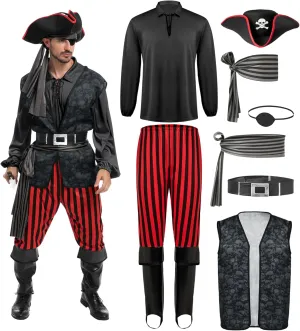 Spooktacular Creations Men Pirate Costume, Adult Pirate Shirt Vest Viking Pants Hat Set for Halloween Themed Parties