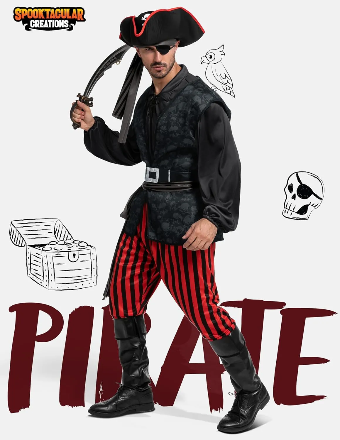 Spooktacular Creations Men Pirate Costume, Adult Pirate Shirt Vest Viking Pants Hat Set for Halloween Themed Parties
