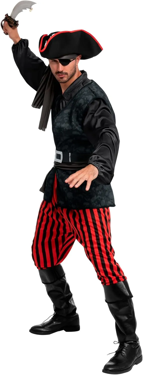 Spooktacular Creations Men Pirate Costume, Adult Pirate Shirt Vest Viking Pants Hat Set for Halloween Themed Parties