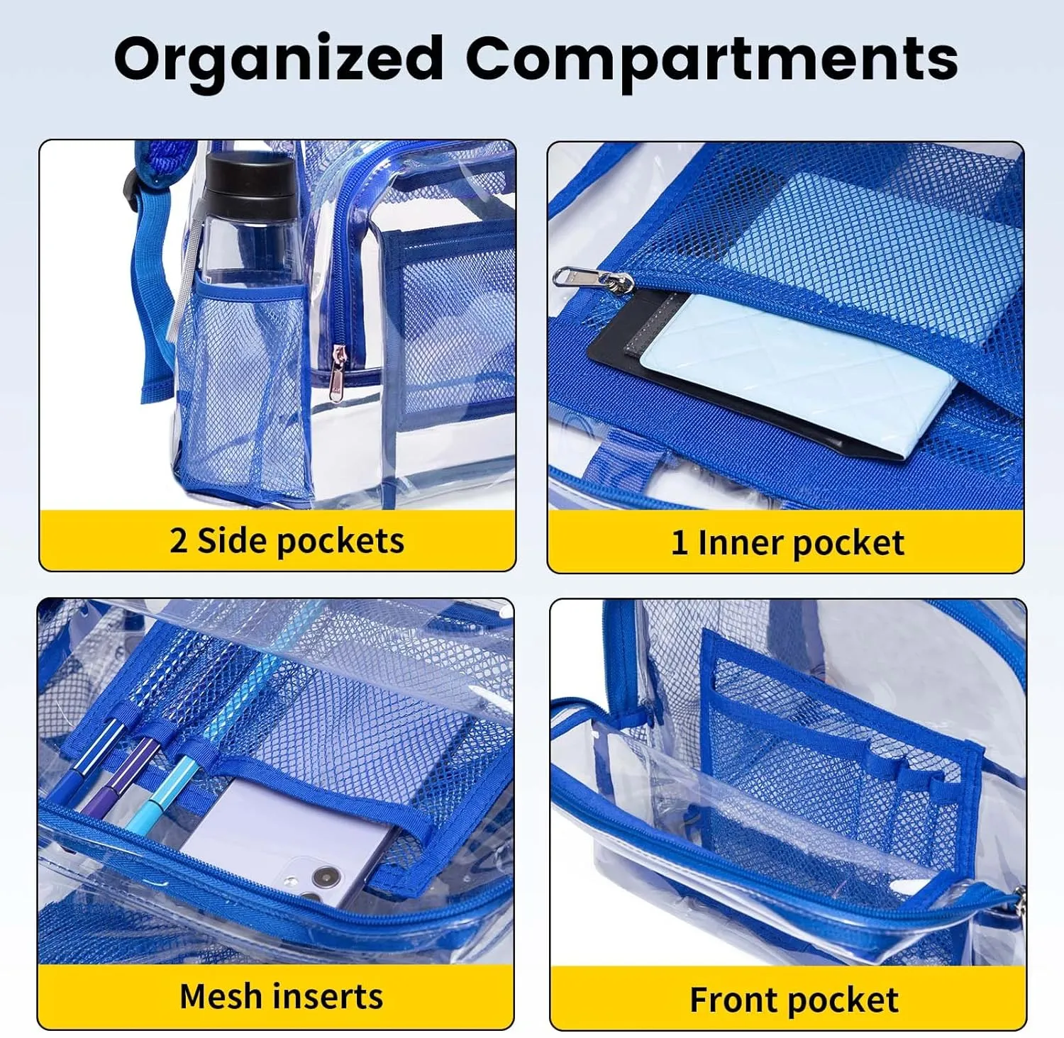 Vorspack Clear Backpack Heavy Duty PVC Transparent Backpack with Reinforced Strap Stitches & Large Capacity for College Workplace Security -Blue