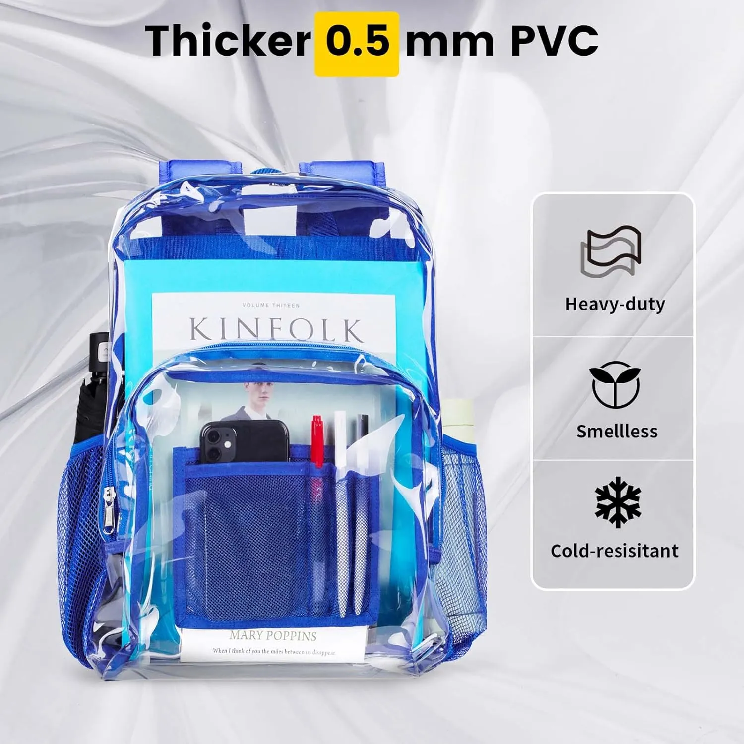 Vorspack Clear Backpack Heavy Duty PVC Transparent Backpack with Reinforced Strap Stitches & Large Capacity for College Workplace Security -Blue