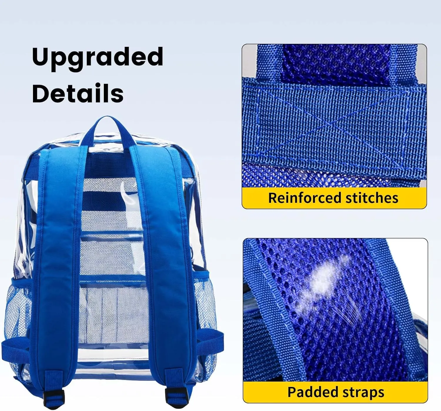 Vorspack Clear Backpack Heavy Duty PVC Transparent Backpack with Reinforced Strap Stitches & Large Capacity for College Workplace Security -Blue