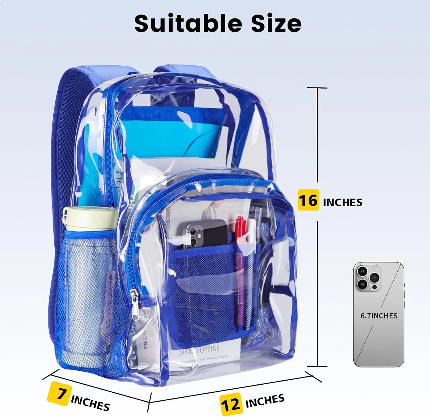 Vorspack Clear Backpack Heavy Duty PVC Transparent Backpack with Reinforced Strap Stitches & Large Capacity for College Workplace Security -Blue