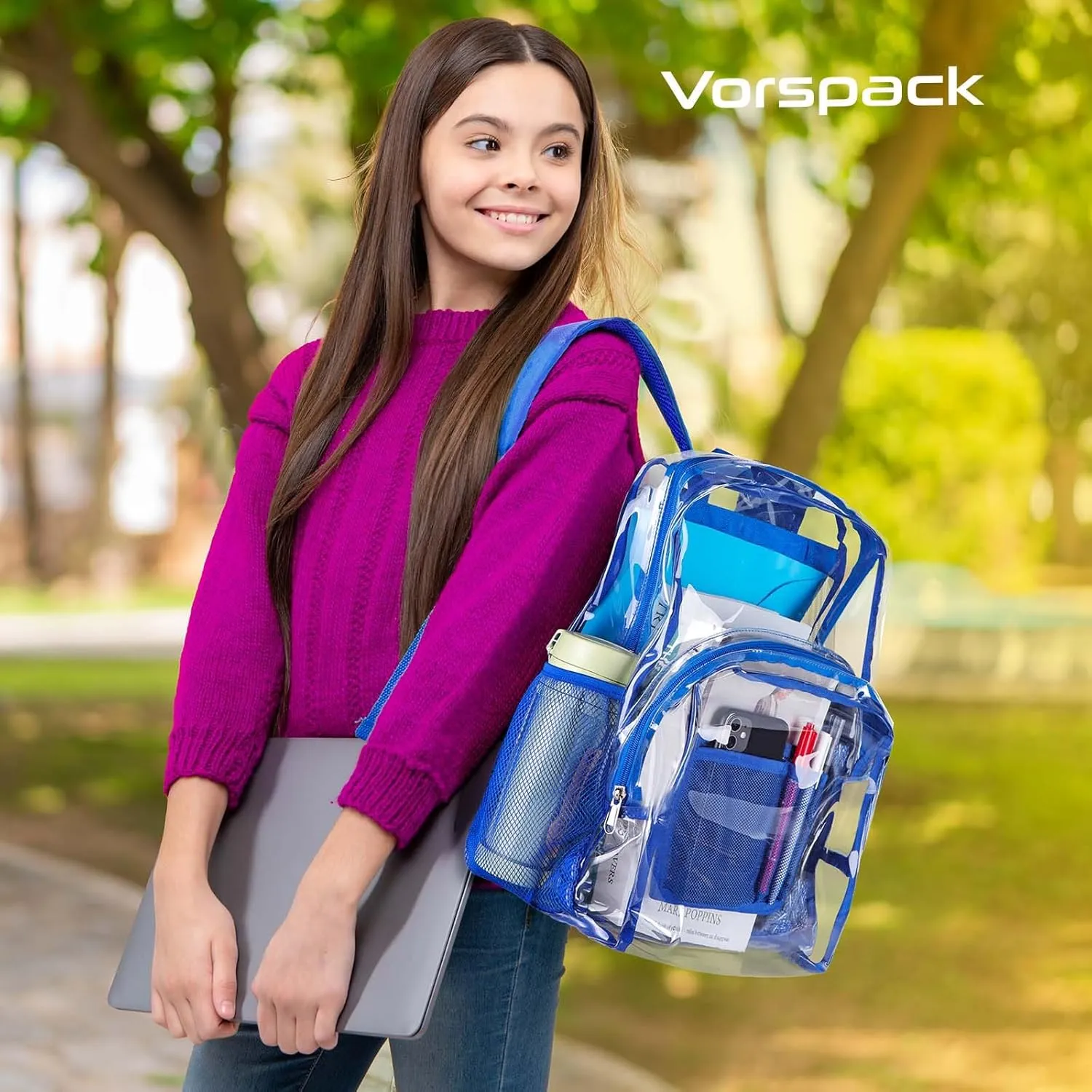 Vorspack Clear Backpack Heavy Duty PVC Transparent Backpack with Reinforced Strap Stitches & Large Capacity for College Workplace Security -Blue