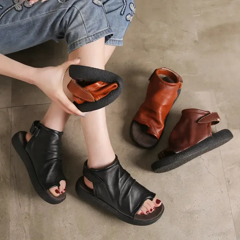 Women's Retro Pointed Toe Cowhide Sandals - Suitable for Summer Leather Shoes
