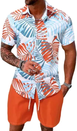 Yimoon Men's Summer 2 Piece Outfits Tropical Print Short Sleeve Button Down Hawaiian Beach Shirt and Shorts Set