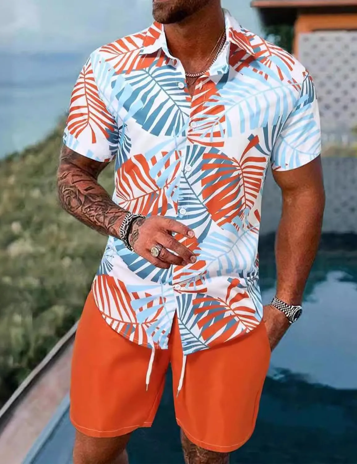 Yimoon Men's Summer 2 Piece Outfits Tropical Print Short Sleeve Button Down Hawaiian Beach Shirt and Shorts Set