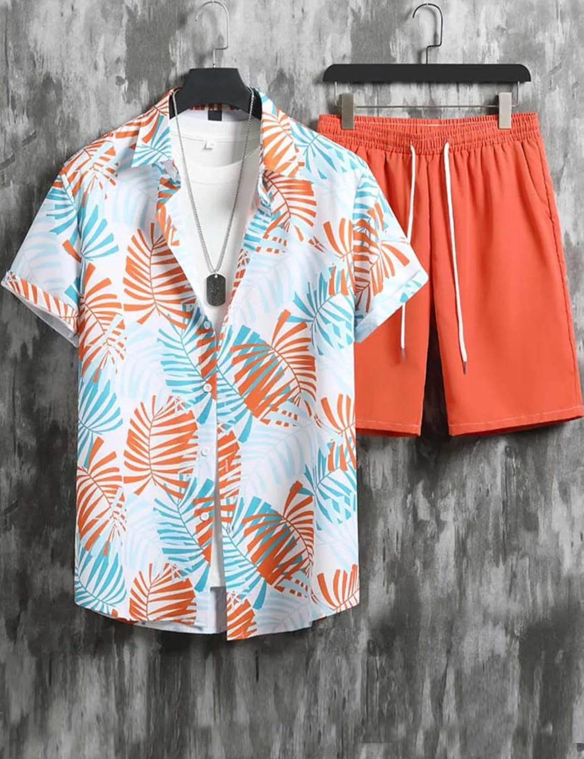 Yimoon Men's Summer 2 Piece Outfits Tropical Print Short Sleeve Button Down Hawaiian Beach Shirt and Shorts Set